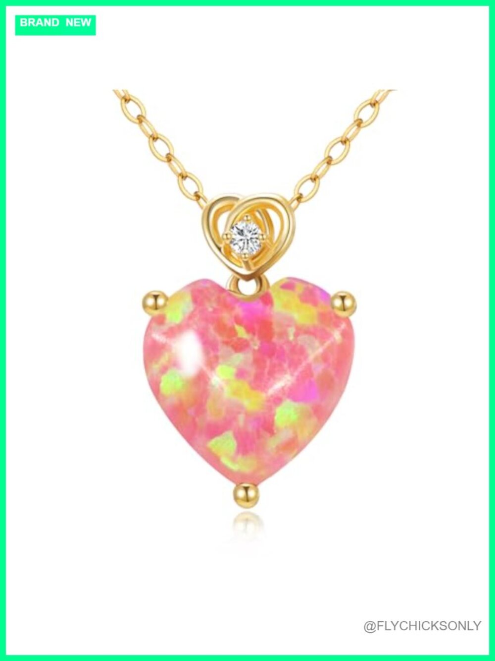 14K Yellow Gold Love Heart Opal Necklace 3 Carat Created October Birthstone